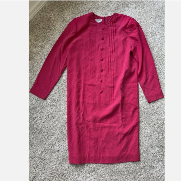 Vintage Talbots | Medium | 80s Hot Pink 100% Silk Tunic Midi Dress | Long Sleeve - Picture 3 of 9